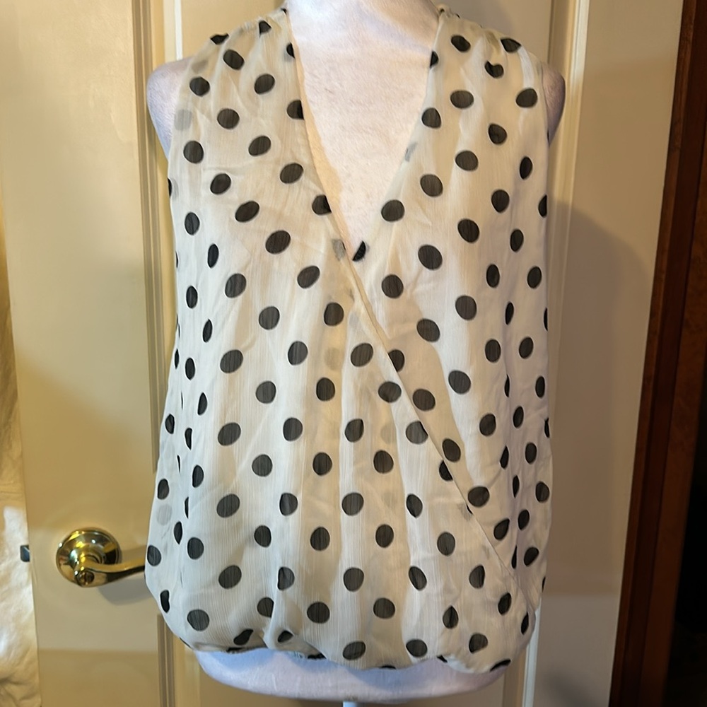 INC white w/ black polka dots shear material front lined wrap blouse
